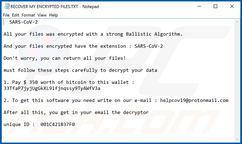 Instrucciones de desencriptado de SARS-CoV-2 (RECOVER MY ENCRYPTED FILES.TXT)