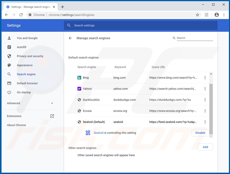 Eliminando feed.sealoid.com del motor de búsqueda predeterminado de Google Chrome