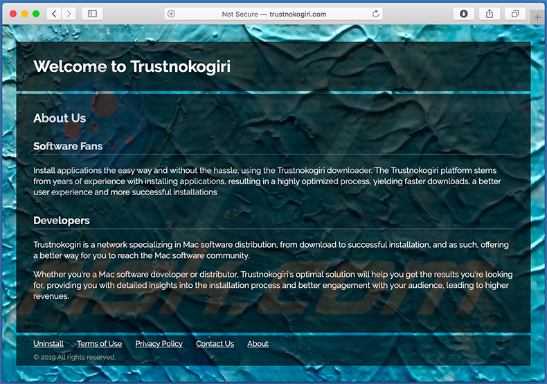 Sitio web que promociona el secuestrador de navegadores search.trustnokogiri.com