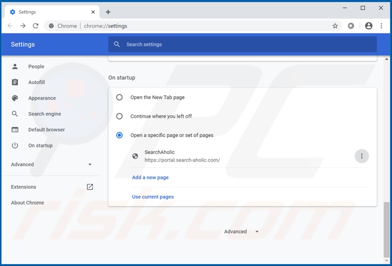 Eliminando search-aholic.com de la página de inicio de Google Chrome