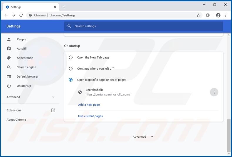 Eliminando search-aholic.com de la página de inicio de Google Chrome