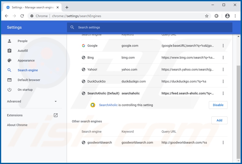 Eliminando search-aholic.com del motor de búsqueda predeterminado de Google Chrome
