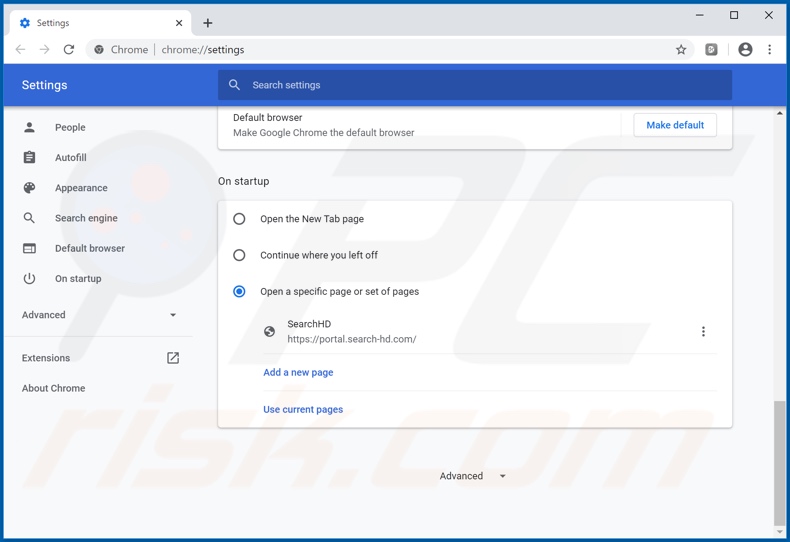 Eliminando search-hd.com de la página de inicio de Google Chrome