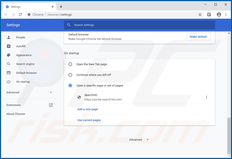 Eliminando search-hd.com de la página de inicio de Google Chrome