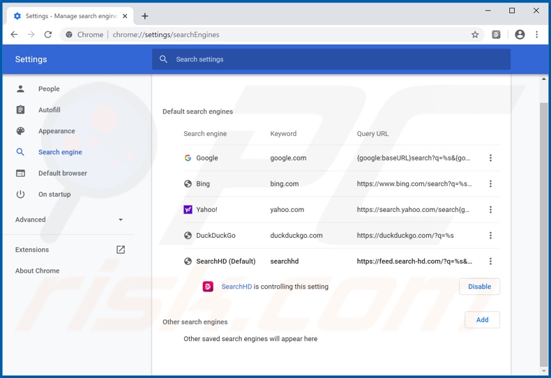 Eliminando search-hd.com del motor de búsqueda predeterminado de Google Chrome