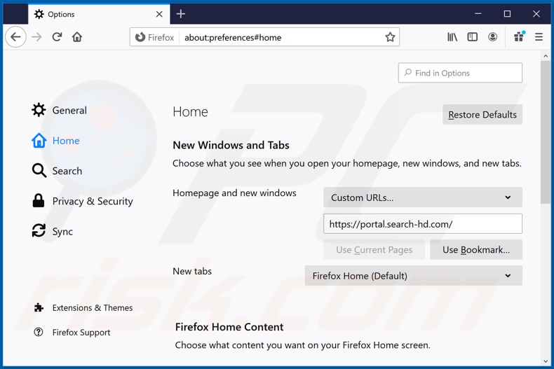 Eliminando search-hd.com de la página de inicio de Mozilla Firefox
