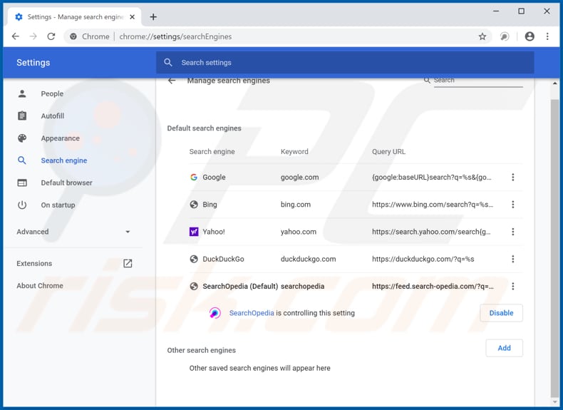 Eliminando feed.search-opedia.com del motor de búsqueda predeterminado de Google Chrome