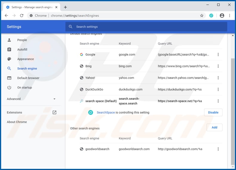 Eliminando search-space.net del motor de búsqueda predeterminado de Google Chrome