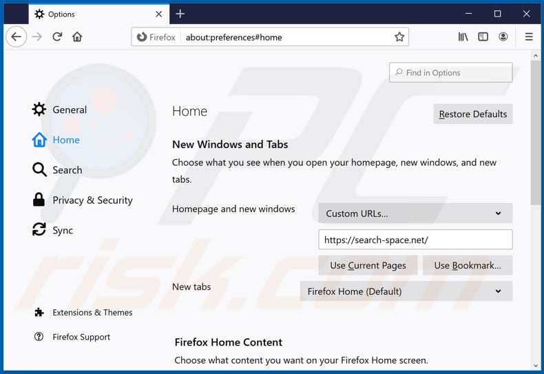 Eliminando search-space.net de la página de inicio de Mozilla Firefox