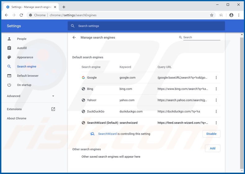 Eliminando feed.search-wizard.com del motor de búsqueda predeterminado de Google Chrome