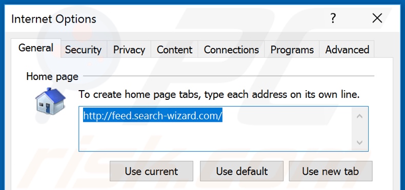 Eliminando feed.search-wizard.com de la página de inicio de Internet Explorer