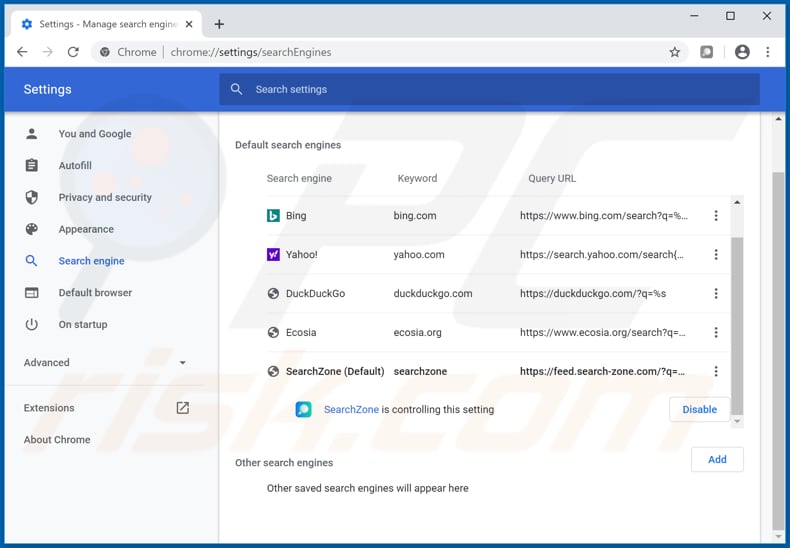 Eliminando feed.search-zone.com del motor de búsqueda predeterminado de Google Chrome