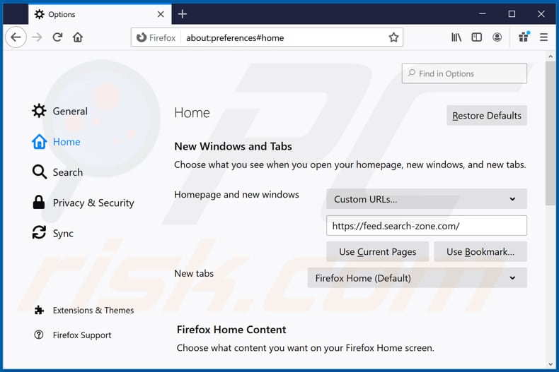 Eliminando feed.search-zone.com de la página de inicio de Mozilla Firefox