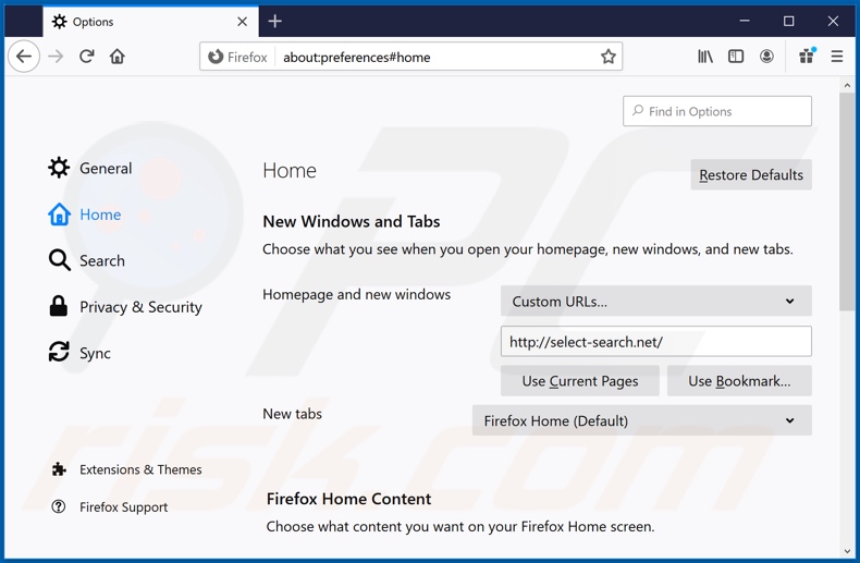 Eliminando select-search.com de la página de inicio de Mozilla Firefox