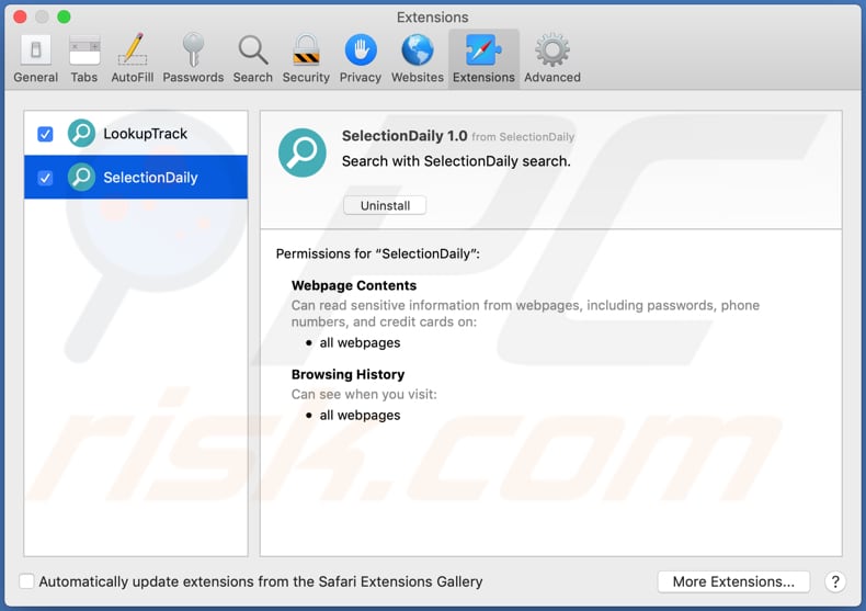 Extensión de Safari del adware SelectionDaily