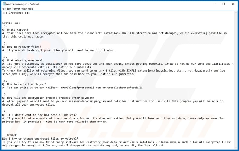 Instrucciones de desencriptado de Shootlock (readme-warning.txt)