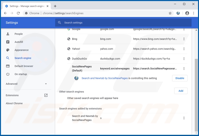Eliminando search.socialnewpagessearch.com del motor de búsqueda predeterminado de Google Chrome