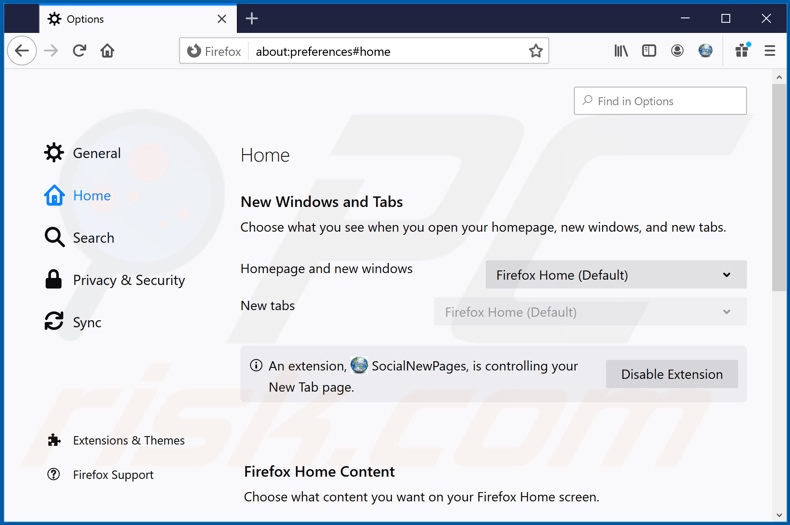 Eliminando search.socialnewpagessearch.com de la página de inicio de Mozilla Firefox