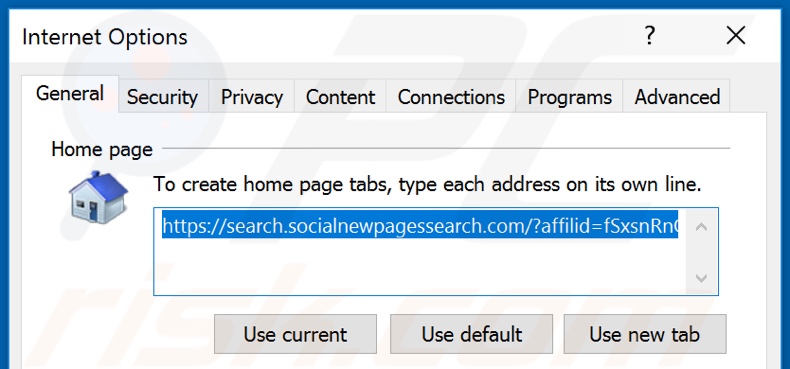 Eliminando search.socialnewpagessearch.com de la página de inicio de Internet Explorer