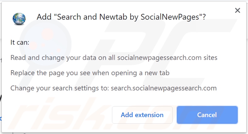 Secuestrador del navegador SocialNewPages solicitando permisos (Chrome)