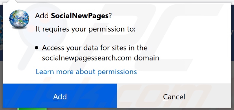 El secuestrador del navegador SocialNewPages solicitando permisos (Firefox)