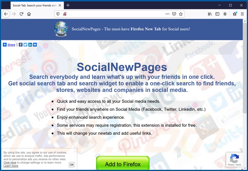 Sitio web utilizado para promover el secuestrador de navegadores SocialNewPages