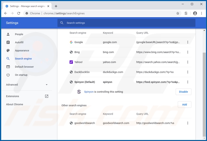 Eliminando feed.spinyon.com del motor de búsqueda predeterminado de Google Chrome
