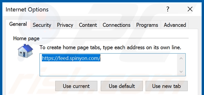 Eliminando feed.spinyon.com de la página de inicio de Internet Explorer