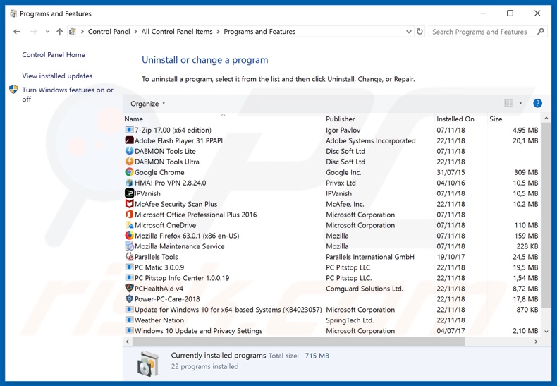 Desinstalación del secuestrador del navegador Spinyon a través del Panel de Control