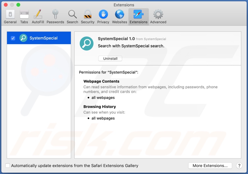 Adware SystemSpecial instalado en Safari