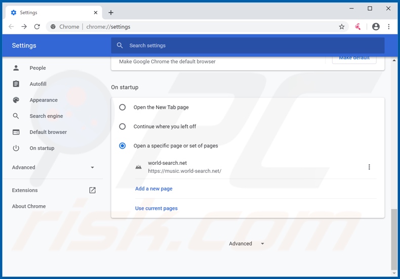Eliminando world-search.net de la página de inicio de Google Chrome