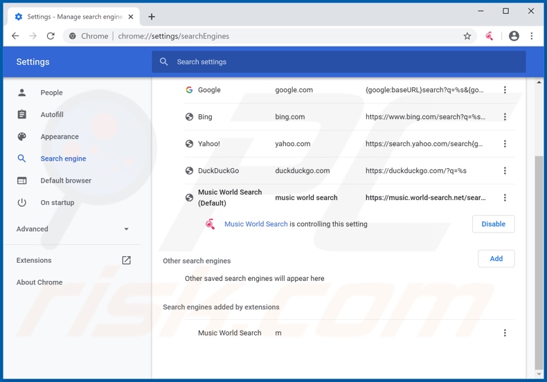 Eliminando world-search.net del motor de búsqueda predeterminado de Google Chrome