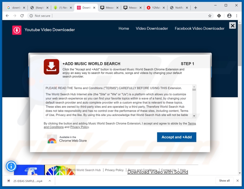 Sitio web utilizado para promover el secuestrador del navegador Music World Search