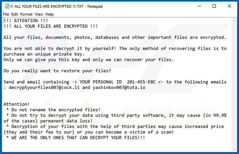 Nota de rescate ZEPPELIN actualizada (!!! ALL YOUR FILES ARE ENCRYPTED !!!.TXT) - 17 de abril de 2020