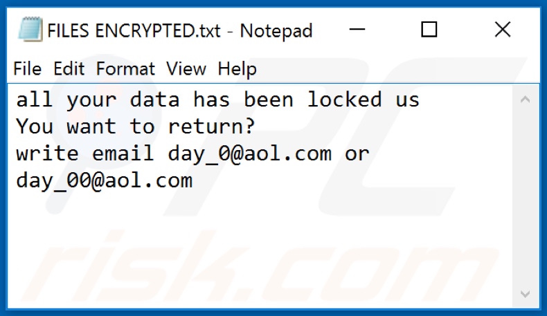 Archivo de texto del ransomware 0day0 (FILES ENCRYPTED.txt)