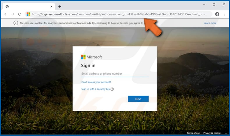 página de inicio de sesión de microsoft utilizada para dar permiso a la aplicación maliciosa para acceder a los datos