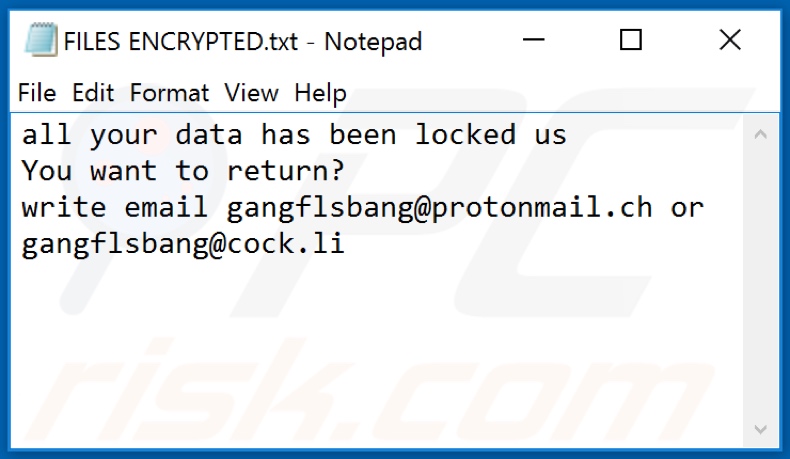 BANG archivo de texto de ransomware (FILES ENCRYPTED.txt)