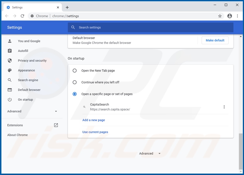 Eliminando search.capita.space de la página de inicio de Google Chrome