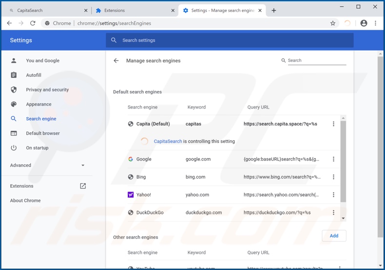 Eliminando search.capita.space del motor de búsqueda predeterminado de Google Chrome