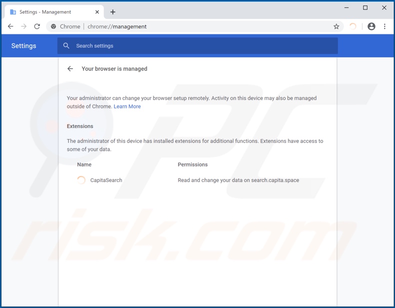 Secuestrador de navegador CapitaSearch administrando Chrome