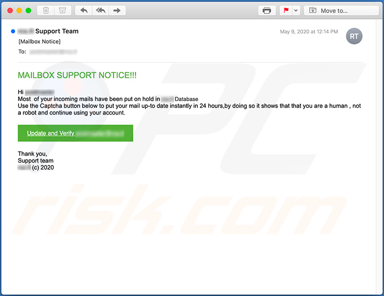 Email no deseado que promociona el sitio de phishing mitoteam.com