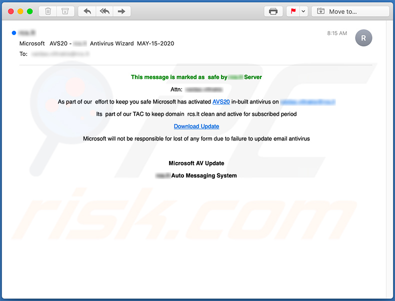 Email fraudulento que promociona el sitio web cybxtechnolabs.com (2020-05-15)