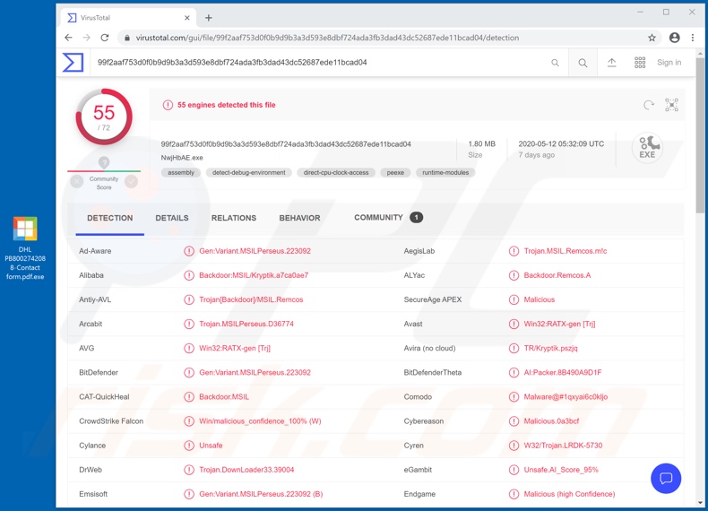 Detección de malware MassLogger en VirusTotal