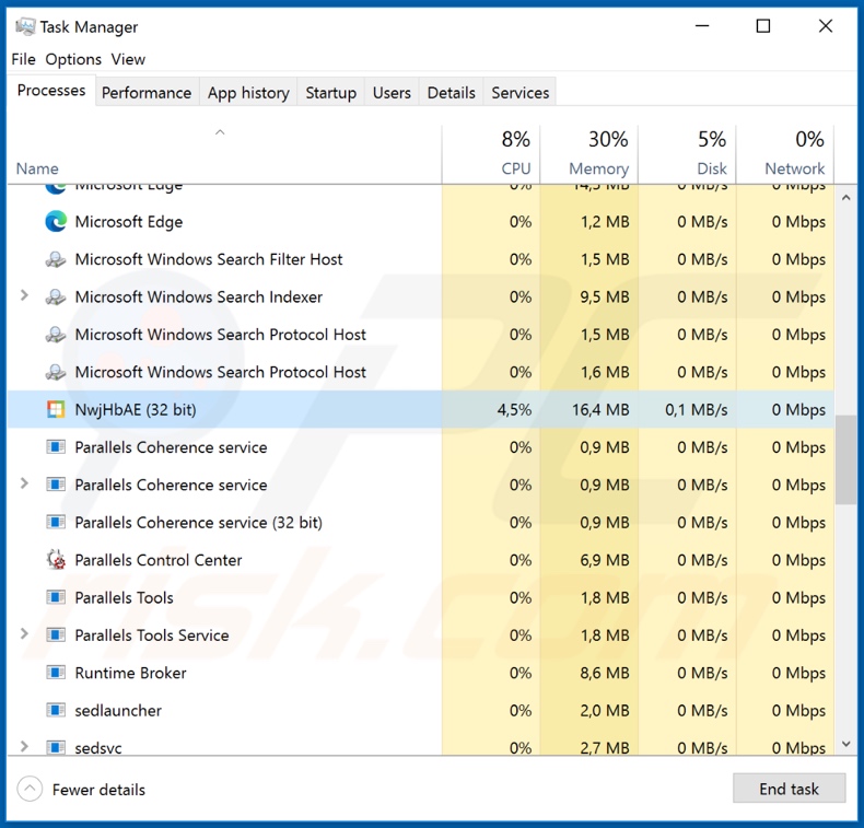 Proceso de malware MassLogger en el administrador de tareas (NwjHbAE)