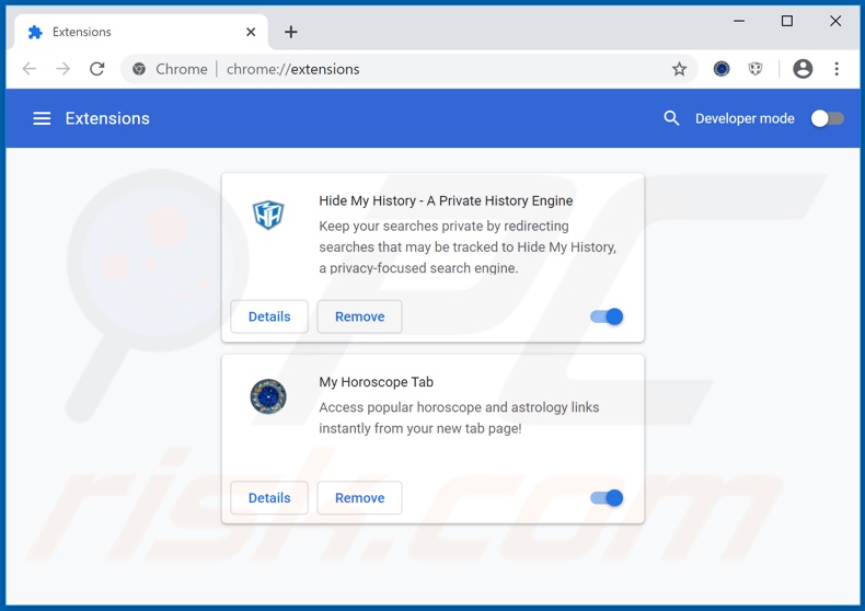 Eliminación de las extensiones de Google Chrome relacionadas con hmyhoroscopetab.com