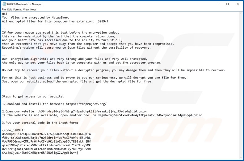 Instrucciones de desencriptado de NetWalker ([texto-aleatorio]-Readme.txt)