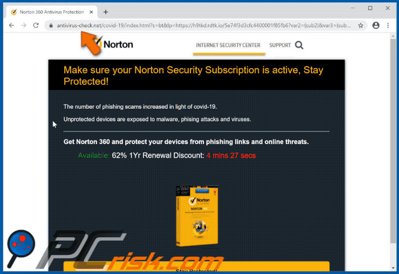 Sitio web antivirus-check.net que entrega la estafa emergente 