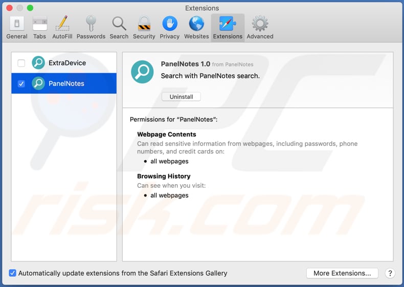 Extensión de Safari del adware PanelNotes