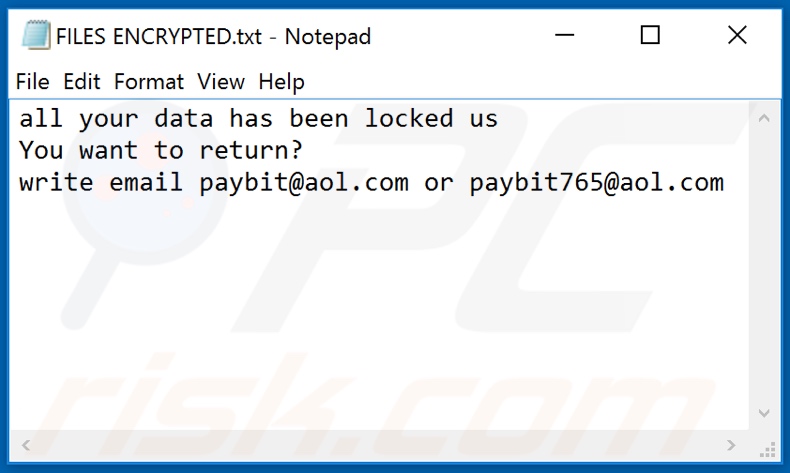 Archivo de texto de ransomware payB (FILES ENCRYPTED.txt)