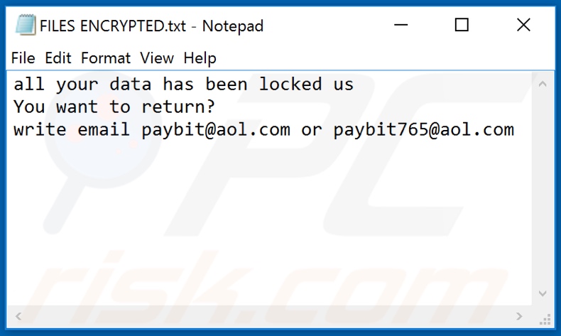 Archivo de texto de ransomware payB (FILES ENCRYPTED.txt)